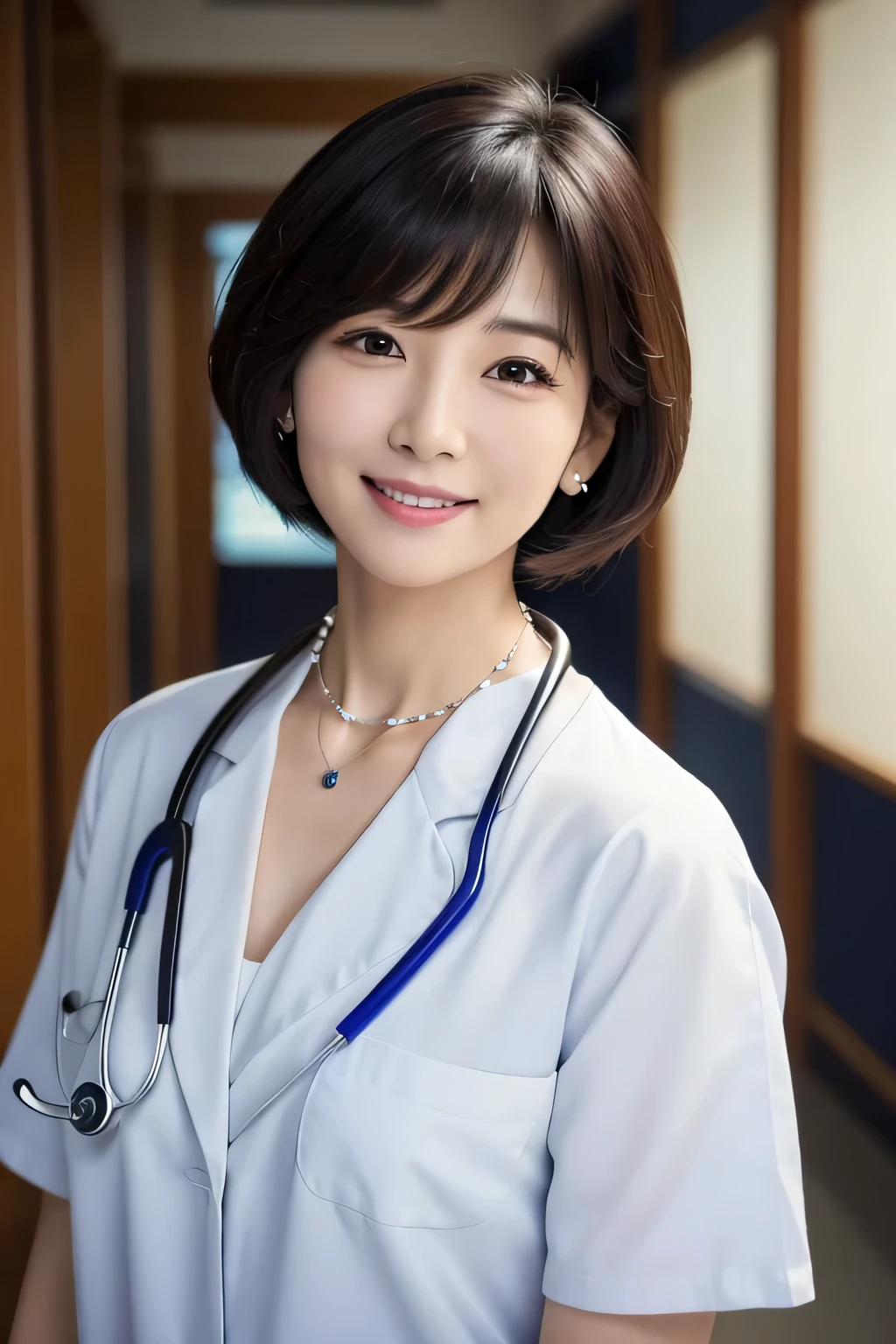 Beautiful 50 year old woman、 Korean women、Black Hair、Necklace around the neck、White、Stethoscope、Short Haircut、smile、Open your mouth a little、Intricate details, Very detailed:1.2), 、 Looking into the camera,The background is the corridor of the hospital.、ear piercing
