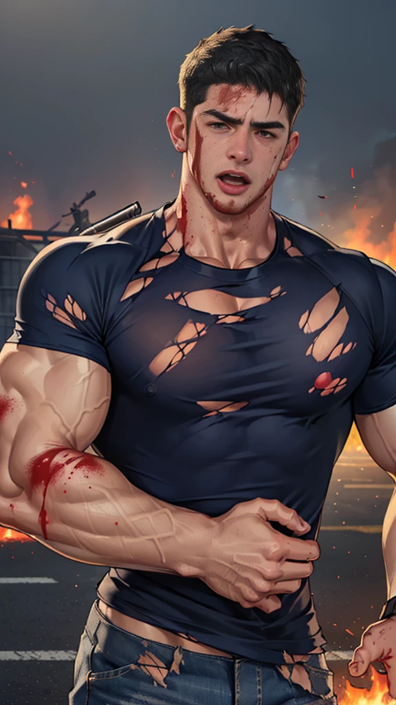 (Create a masterpiece: 1.2),(CGI art:1.3),(realistic:1.5),(After processing:1.3),(Sharp focus:1.3), (man Fight, join in battle:1.5 ),sunglass, straight, front ,Chris Redfield ,(black hair), smile open mouth, (Wear color navy round neck T-shirt: 1.5), (with a Police badge: 1.2), navy cargo, (Torn shirt:1.6), (wound: 1.3) , (blood splatters) ,( abrasions on face: 1.5), (Blood stains on the face and body: 1.4), Korean guy , korean men, (High gloss details), chest muscles, large arm muscles, blood vessel, Big muscles, Broad shoulders, looking at the audience, Balancing the eyes, middle of the road,(Fire blazes behind) ,(open mouth:1.6) ,(Arm_up:1.5)