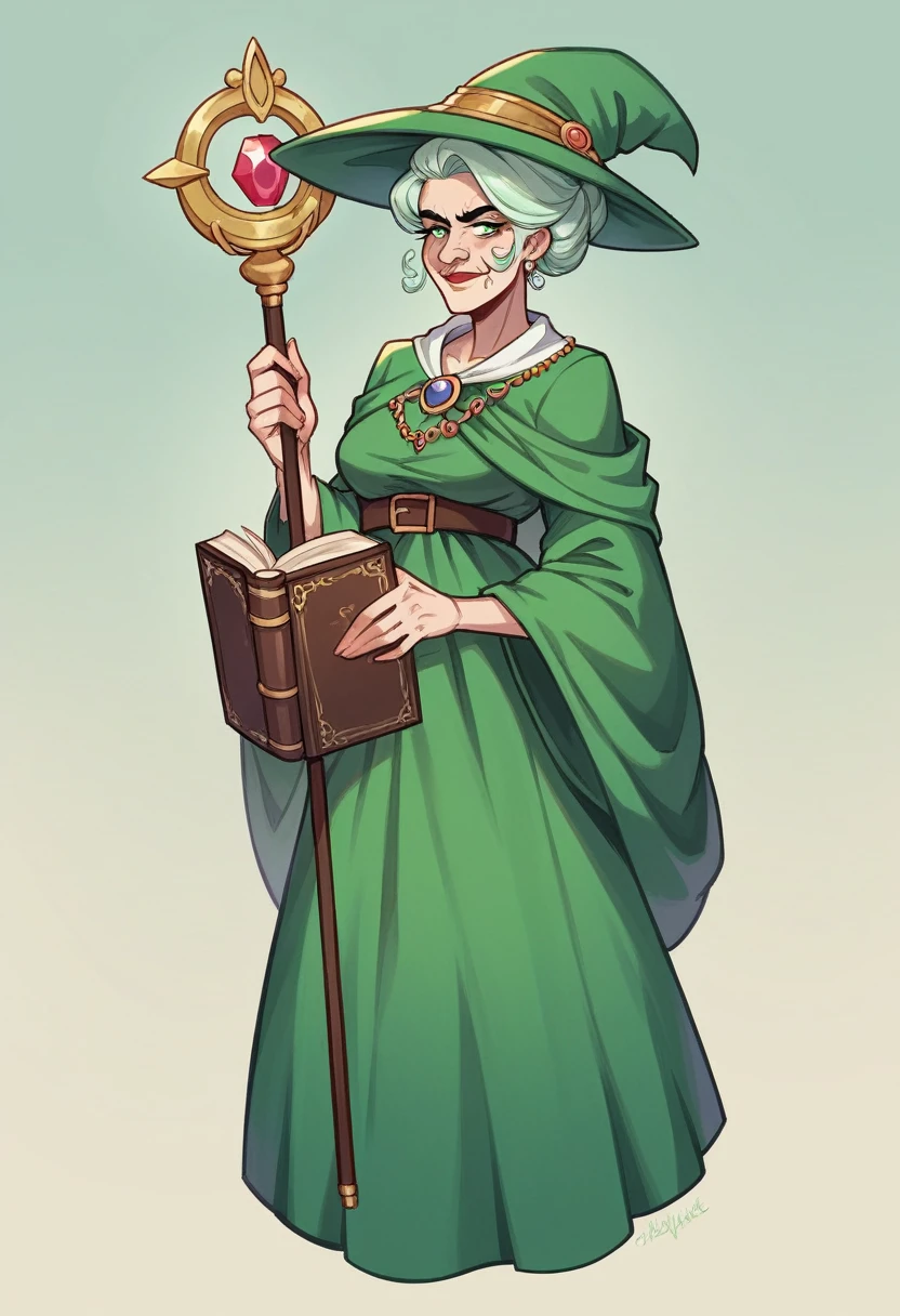 Before you stands an elderly woman, dressed as a daring magician. She wears a long, emerald green robe adorned with mystical symbols, flowing freely down to the ground. Her face is lined with wrinkles, a testament to many years filled with wisdom and experience. Atop her head sits a large, slightly worn hat with wide brims, decorated with small charms and feathers from exotic birds. She carries a tall, ornate staff, and a book hangs at her belt, hinting at the spells and knowledge she has accumulated over a lifetime of adventure.