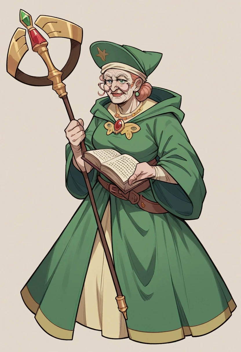 Before you stands an elderly woman, dressed as a daring magician. She wears a long, emerald green robe adorned with mystical symbols, flowing freely down to the ground. Her face is lined with wrinkles, a testament to many years filled with wisdom and experience. Atop her head sits a large, slightly worn hat with wide brims, decorated with small charms and feathers from exotic birds. She carries a tall, ornate staff, and a book hangs at her belt, hinting at the spells and knowledge she has accumulated over a lifetime of adventure.