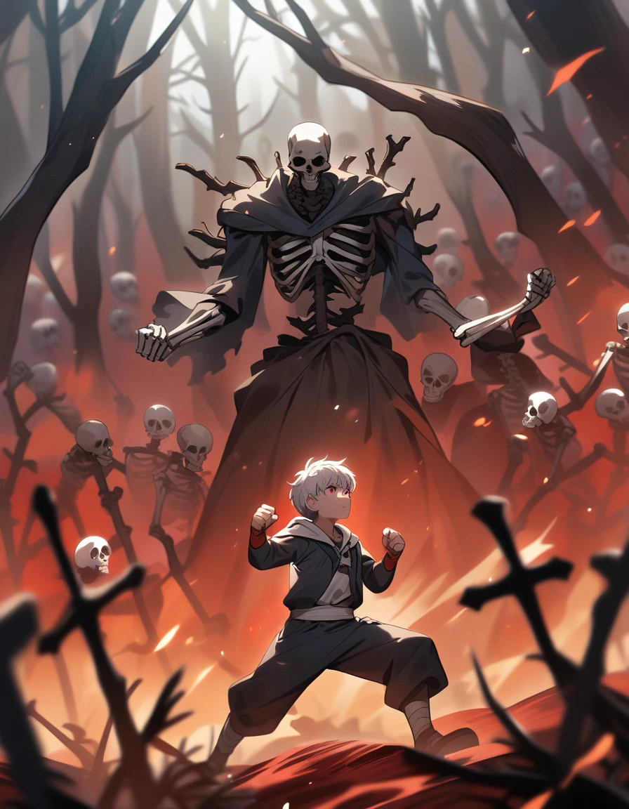 small Greek boy with white hair, violet eyes, with his fists bandaged and fighting several skeletons in a red forest and dead trees