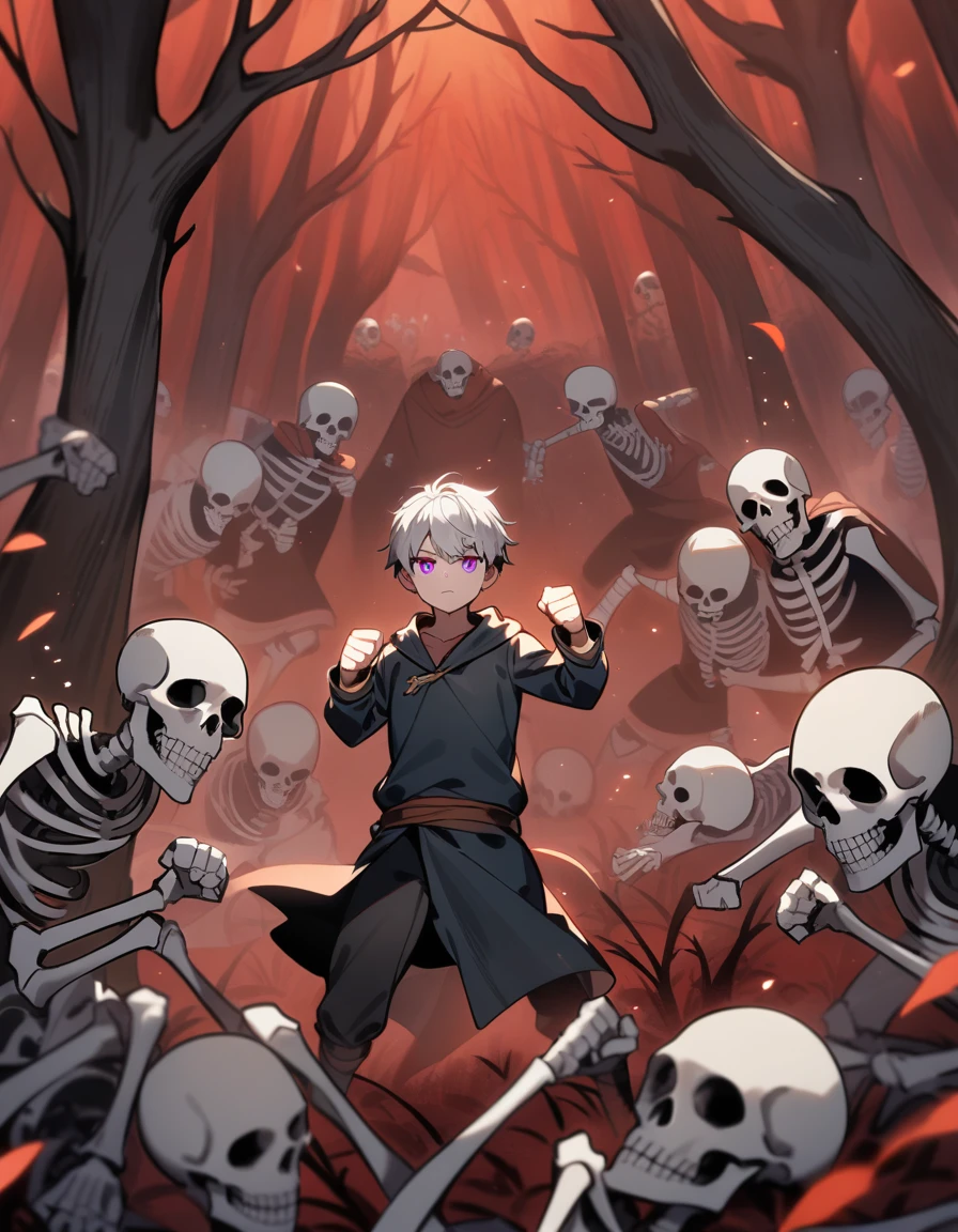  Greek boy with white hair, violet eyes, with his fists bandaged and fighting several skeletons in a red forest and dead trees