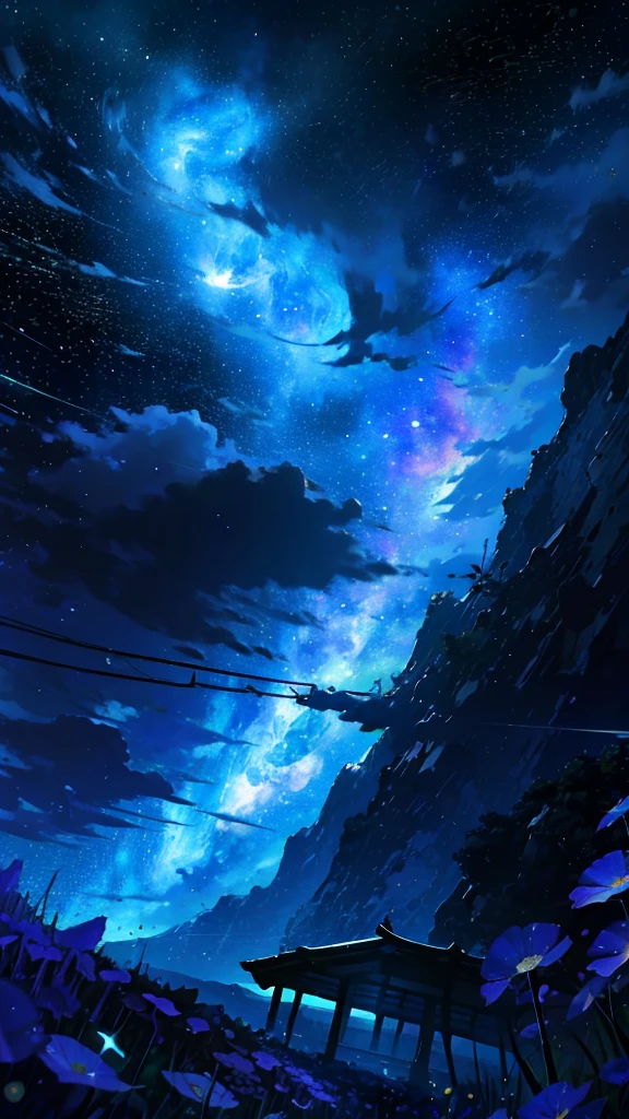 "tmasterpiece,top Quority,offical wallpaper,winning artwork,Top-down view,1 Tape,Rear shadow,In a sea of flowers,stargazing,As estrelas,themoon,meteors,Colorful shooting stars,Hair satisfied, an beautiful,4K"
