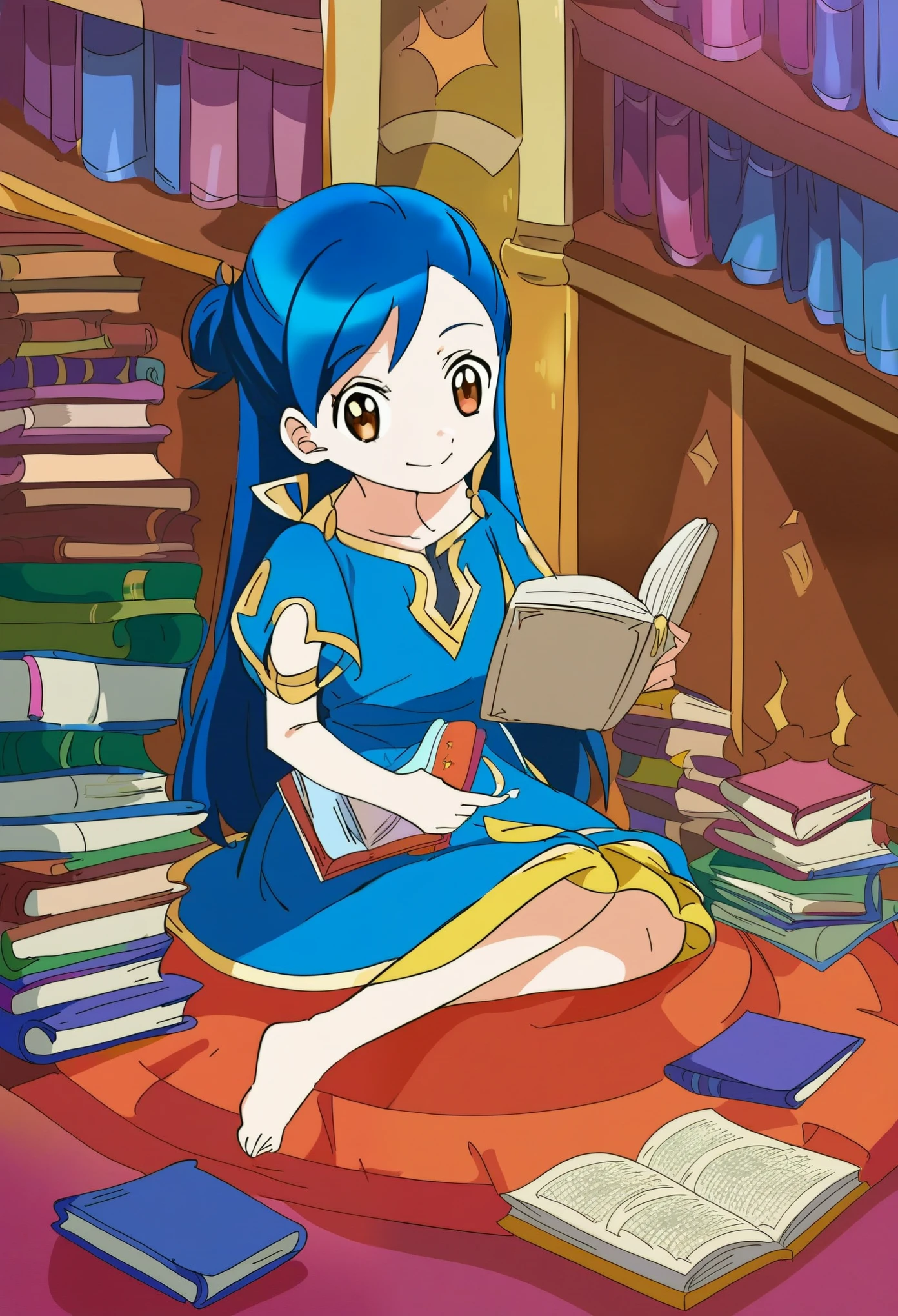 score_9, rating_safe, source_anime, myne, blue hair, sitting on the floor, dress, barefoot, reading a book, surrounded by books, looking on viewer, smiling, happy 