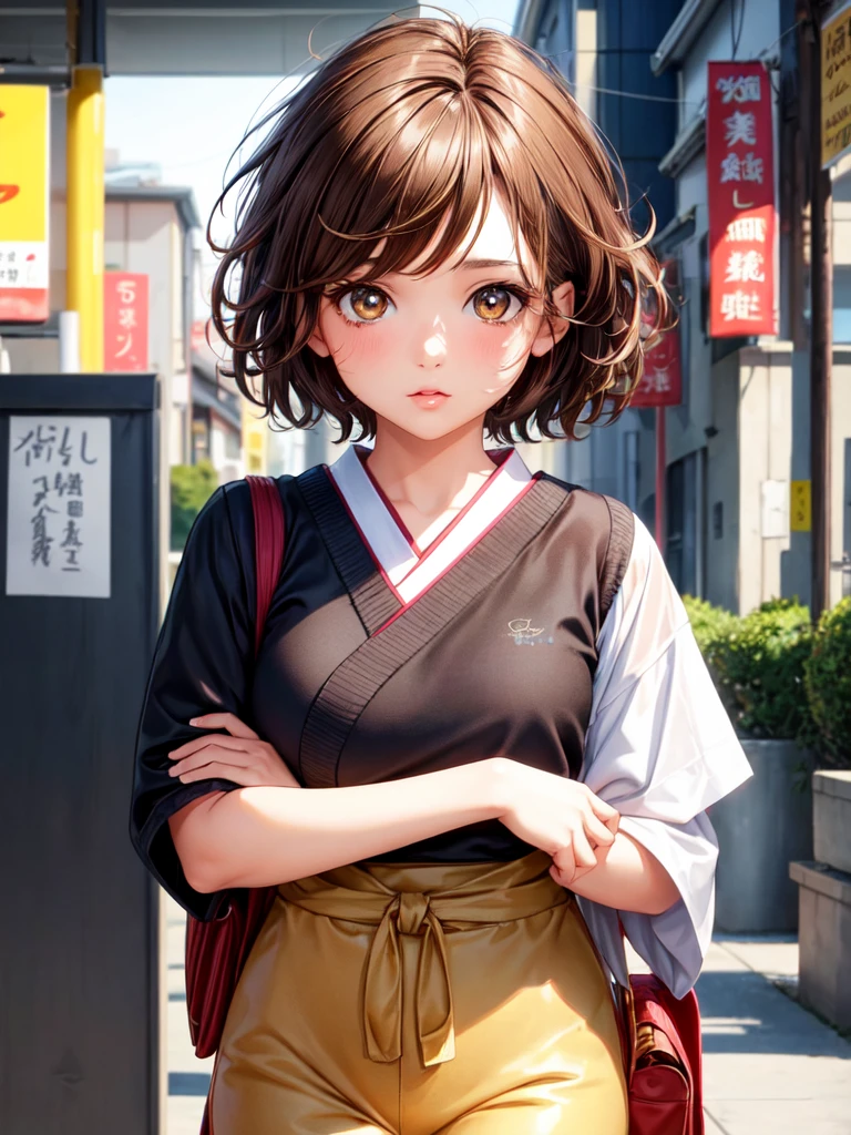1girl‚ brown eyes‚ beautiful eyelashes‚ (short brown hair), (short brown hair e cacheados), (Messy hair) japanese student outfit, lineart, best qualityer, best details