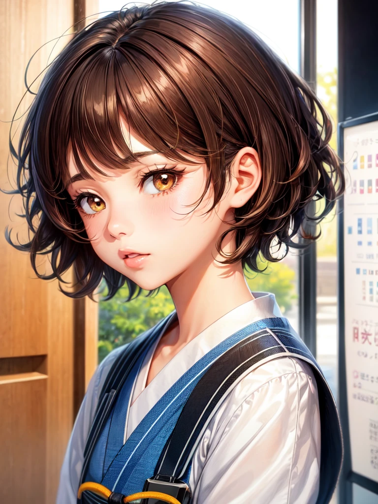 1girl‚ brown eyes‚ beautiful eyelashes‚ (short brown hair), (short brown hair e cacheados), (Messy hair) japanese student outfit, lineart, best qualityer, best details