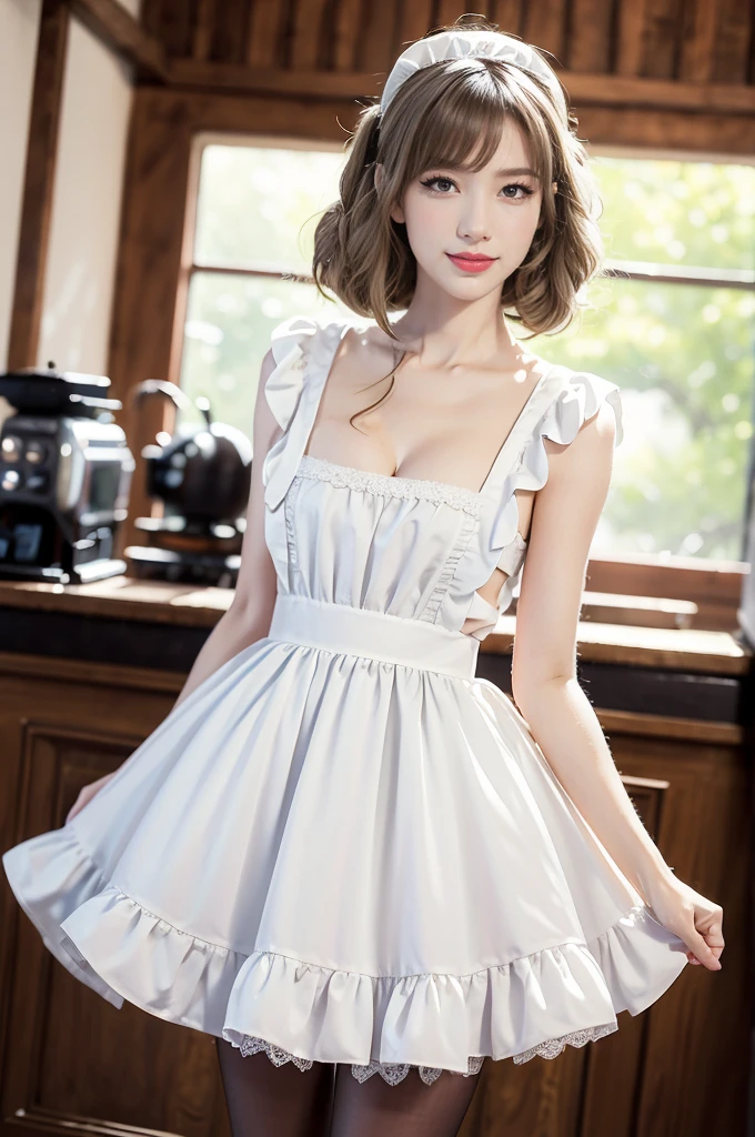 (((best quality))),(((ultra detailed))),(((masterpiece))),illustration,1girl,maid cafe,stunningly beautiful,slim,medium straight bob hair,flat chest,cleavage,deep captivating eyes,maid costume,see through lace apron,short hemline,bare arms,arms behind back,thighs,slender legs,pantyhose,graceful movements,confident charm,warm genuine smile,France cafe,delicious coffee pastries,warm inviting atmosphere,joyful eyes,Coffee Machine,upper body