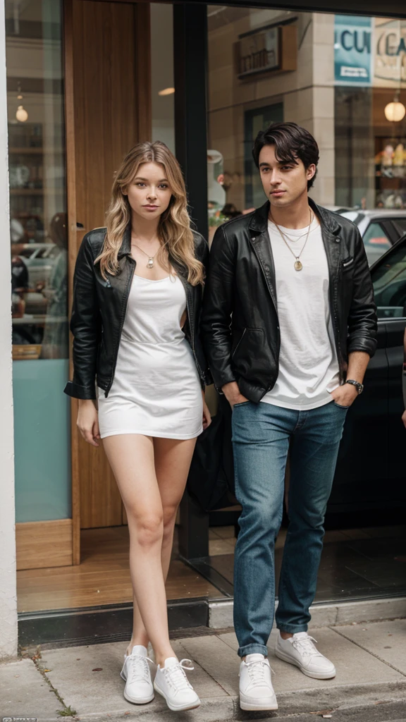 A white woman with wavy blonde hair and green eyes wearing a long white dress. Next to her is a white man with American-cut black hair, wearing black jeans, a white shirt and a black jacket, and he is wearing white shoes. They are in front of a restaurant with glass decoration.