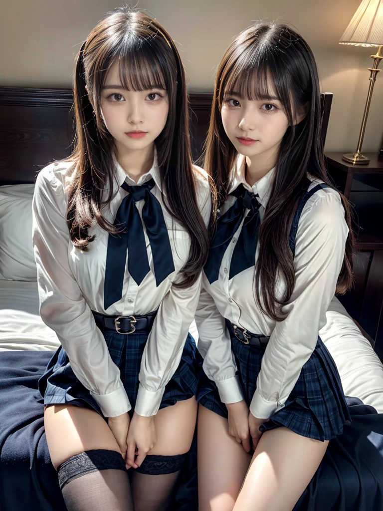 (8K, Raw photography, top-quality, ​masterpiece:1.2), master piece, best quality, illustration, Super detailed, fine details, High resolution, 8K,wall paper, perfect dynamic composition,(Details High quality, realistic depiction of eyes:1.3), ((2 girls, 2 schoolgirls)), The background is a luxury hotel room、High school girl uniform、blazer 、Super Short Check Uniform Skirt、Navy blue high socks、garterbelts、Colossal tits、Disturbed uniform, Play with each other,Touching each other's bodies,Touching the body of the girl next door, short bob hair, black hair color, huge breasts, Big Natural Color Lip, bold sexy pose, (perfect body shape), crying a little、Beautiful makeup,glitter makeup,Cutest 18 years old, beautiful legs, hposing Gravure Idol, Voluptuous thighs