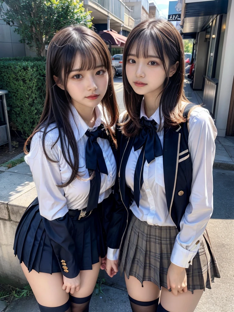 (8K, Raw photography, top-quality, masterpiece:1.2), master piece, best quality, illustration, Super detailed, fine details, High resolution, 8K,wall paper, perfect dynamic composition,(Details High quality, realistic depiction of eyes:1.3), ((2 girls, 2 schoolgirls)), The background is a luxury hotel room、High school girl uniform、blazer 、Super Short Check Uniform Skirt、Navy blue high socks、garterbelts、Colossal tits、Disturbed uniform, Play with each other,Touching each other's bodies,Touching the body of the girl next door, short bob hair, black hair color, huge breasts, Big Natural Color Lip, bold sexy pose, (perfect body shape), crying a little、Beautiful makeup,glitter makeup,Cutest 18 years old, beautiful legs, hposing Gravure Idol, Voluptuous thighs