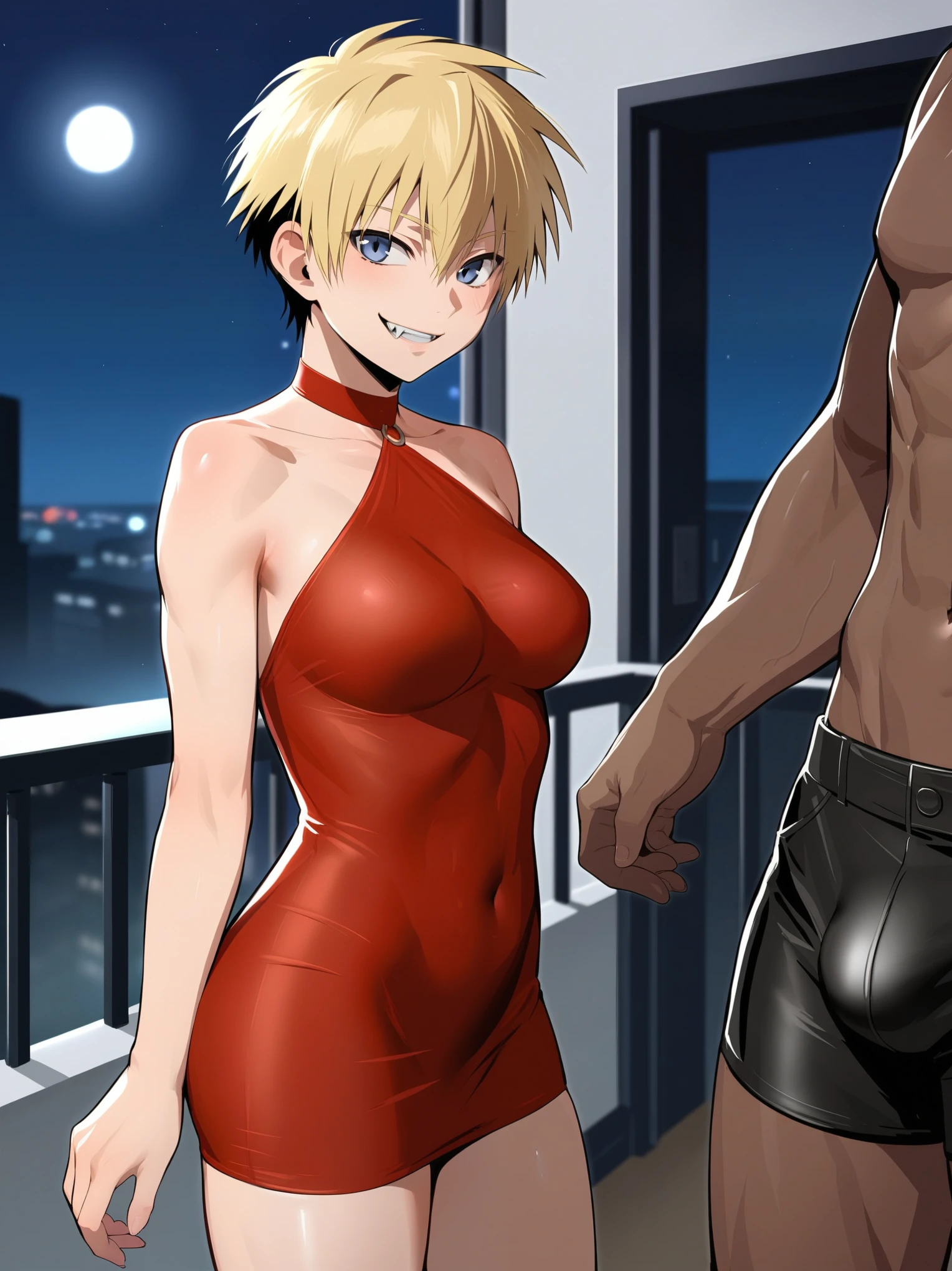 score_9, score_8_up, source_anime, standing, hellsing, seras, blonde hair, nude, indoors, night, night sky, nighttime, vampire, smirk, fangs, ikuchan, balcony, town background, clothed, male wearing shorts, muscular male, medium breasts, boyfriend, couple, sfw, looking at viewer, faceless male, dark skinned male, cuckold pov, ntr, netorare, standing side by side, standing, cuckolding, cuck, 1girl, 1boy, black haired male, interracial, BLACKED, bbc, raceplay, smug, humiliation, ((faceless male)), ((size difference)), tall male, waist grab, ((dark skinned male))), gown, dress, bulge, rating:safe, navel, short dress, red dress, furry, tiger, anthro on human, tiger girl, chubby, bbw, male head out of frame, ((size difference)), , ((large male)), black haired male, solo focus