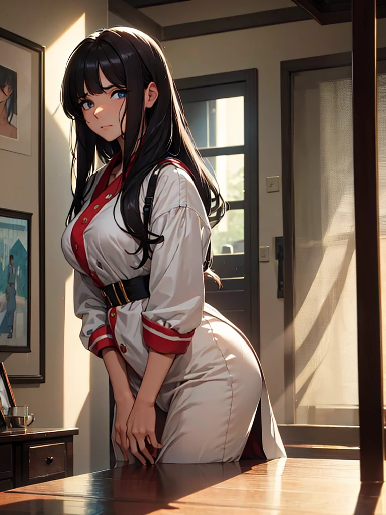 Iroha、super breasts、thick thighs、long black hair、8K, 4k, highest quality, High resolution: 1.2)、cute anime face、noise removal、maid、和風maid、black leotard、full body portrait、Leotard that bites into、Japan holding a sword、sandals、blue eyes、Black long tights、gentle smile、white kimono、T-back that digs into your butt、emphasis on the buttocks