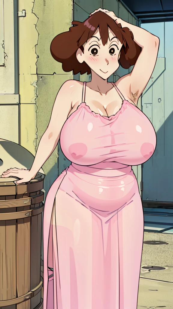 Misae Nohara, (Auntie:1.5), (Mature Woman:1.5), (absurderes, 8K, 4K, masutepiece, hyper extreme detailed:1.2), Best Quality, Perfect Anatomy,Perfect face,High humidity, (Huge breasts:1.7), (A sheer pink nightgown:1.4), (Wet:1.2), (.Alley:1.3), Graffitied wall, Garbage can, Scattered trash, (alone:1.5), (Brown eyes:1.2), (Clothing is revealing:1.2), Exposed shoulders, Torn clothes, Are pregnant, Firm breasts, Upturned nipples, Showing cleavage, Mole on chest, (Thick armpit hair:1.4), (blush:1.2), A kind smile, relief, peace of mind, (maternal:1.3), (Gentle look:1.5), Smiling face, (Outdoor:1.5), (Out:1.3)