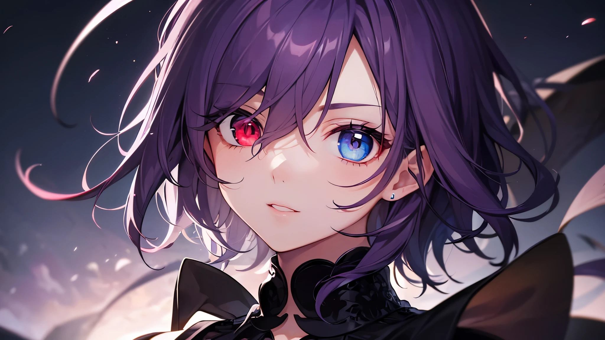 Anime girl with purple hair and blue eyes in a black dress - SeaArt AI