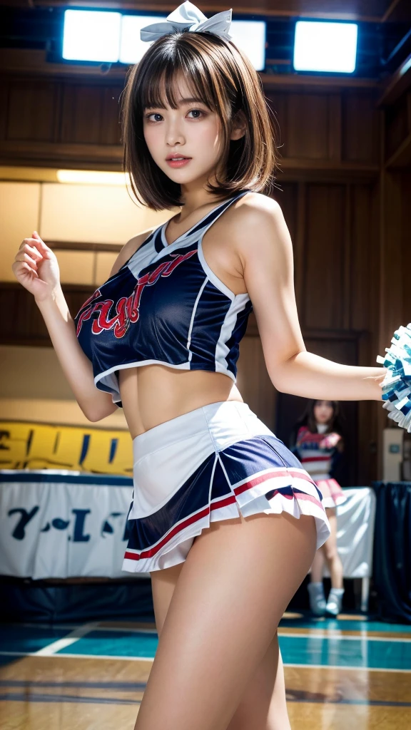 masterpiece, best quality, illustration, Super detailed, fine details, High resolution, 8K,wall paper, perfect dynamic composition,(Details High quality, realistic depiction of eyes:1.3), hotel room, (cheer girl:1.5),(a miniskirt), to stand、large breasts,short bob hair, black hair color, Big Natural Color Lip, bold sexy pose, crying a little、Harajuku style、20 year old girl、cute type、ta、beautiful legs, hposing Gravure Idol