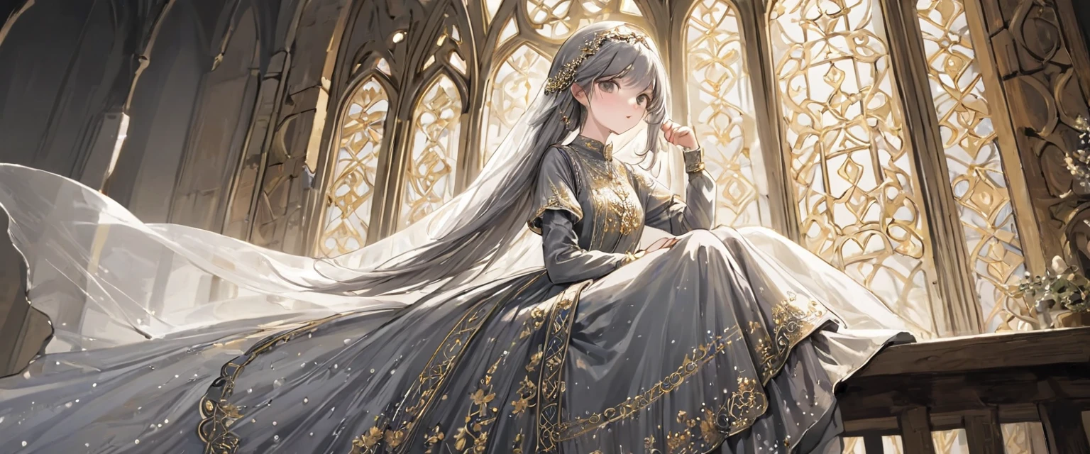 girl, Gold and silver embroidery, White-gray pearl medieval long dress（With panniers）, Translucent fabric, Pull up the dress by hand, Strong winds, Translucent slip, Grey translucent tights, Peeking from below, Highest quality, Disorder of clothing, sit