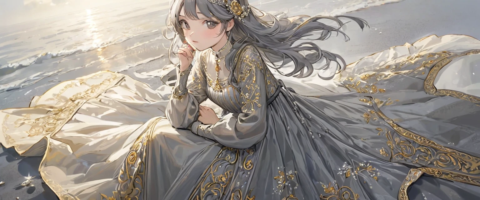 girl, Gold and silver embroidery, White-gray pearl medieval long dress（With panniers）, Translucent fabric, Pull up the dress by hand, Strong winds, Translucent slip, Grey translucent tights, Peeking from below, Highest quality, Disorder of clothing, sit