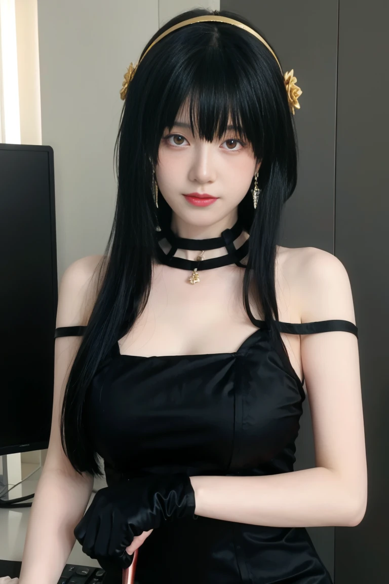 best quality, tmasterpiece,Ultra-high resolution,Clear face,(Reality:1.4),ferpect lighting,(upper body shot), (photorealistic:1.50), anime wallpaper, Guviz style artwork, cover-up fantasy up to magic , by Yang J, Guviz, beautiful artwork illustration, beautiful digital artwork, beautiful digital illustration, Li Song, beautiful anime portrait, art style in Beauvot, Yor briar,
1girl, backlighting, bare shoulders, black background, black dress, black gloves, black hair, blood, blood on face, blood on weapon, breasts, closed mouth, cowboy shot, dress, earrings, expressionless, fingerless gloves, floating hair, floral print, flower, gloves, gold earrings, gold hairband, hair flower, hair ornament, hairband, holding, holding weapon, jewelry, large breasts, light particles, long hair, looking at viewer, off-shoulder dress, off shoulder, petals, red eyes, rose, rose petals, rose print, short hair with long locks, sidelocks, 独奏, spikes, thighs, two-sided dress, two-sided fabric, weapon, (garden background),(computers), indoor,