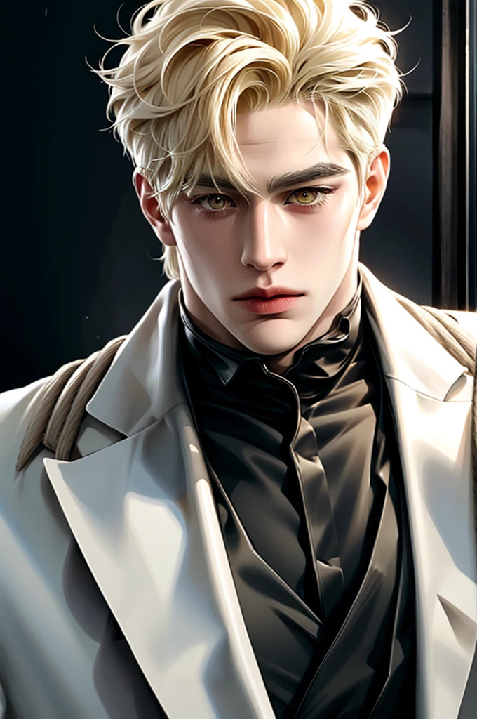 Fat, blonde hair, yellow eyes, serious sharp features, white skin, handsome, shirt, formal jacket, big body, muscular,