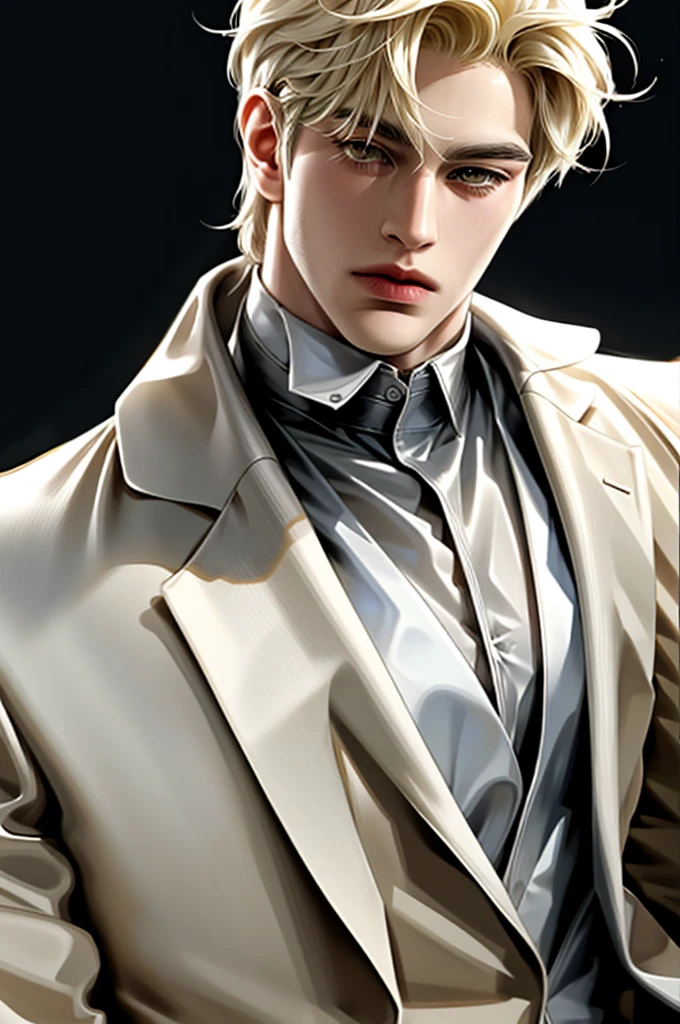 Fat, blonde hair, yellow eyes, serious sharp features, white skin, handsome, shirt, formal jacket, big body, muscular,
