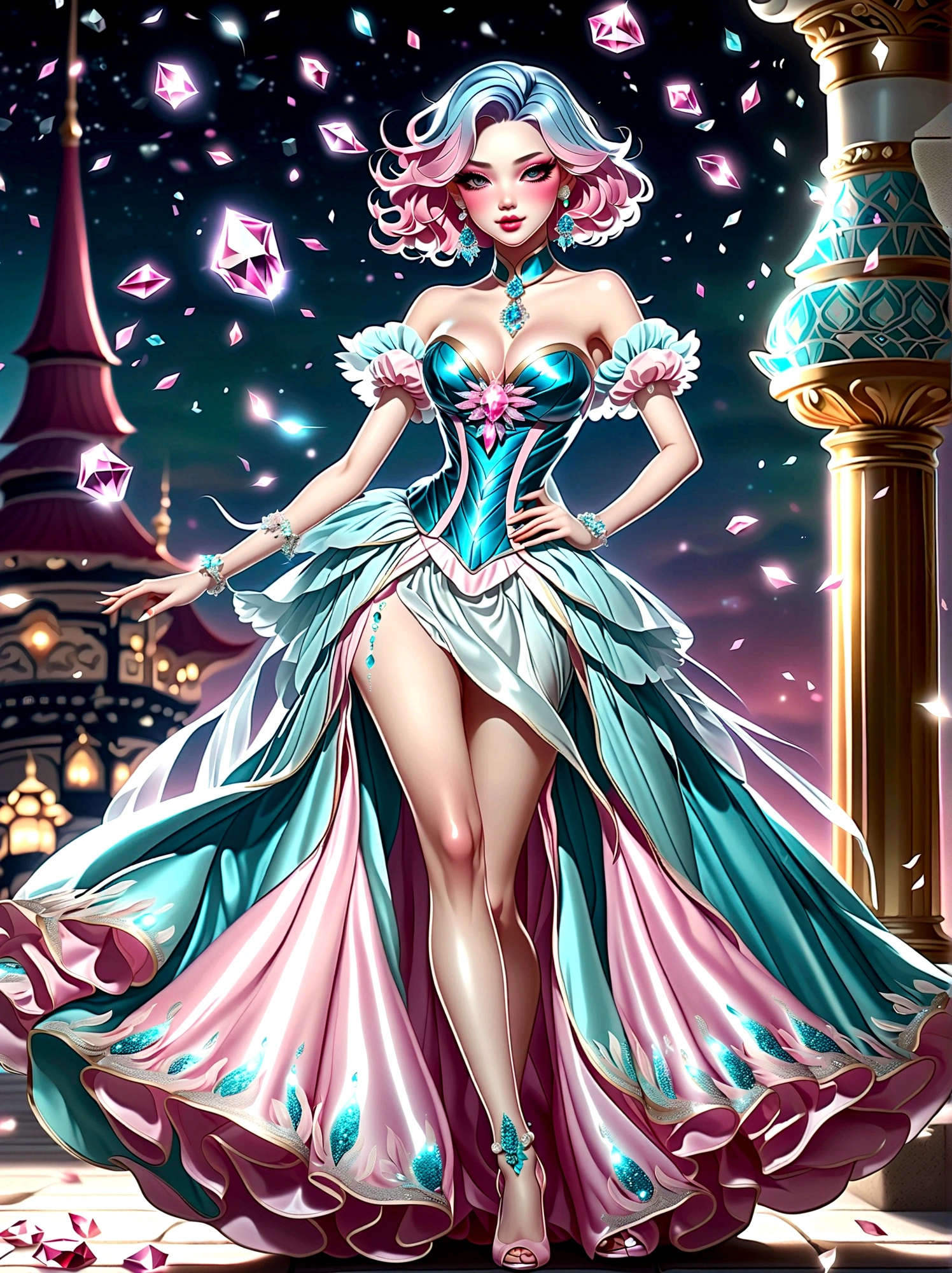 ((masterpiece))，Best quality，absurd，Ultra Detailed，(Full body shot:1.5)，Golden Ratio，Super cute and beautiful Asian idol girl，Beautiful Drag Queen，Manners are elegant，Shoulder-Length Light Teal Hair，Wearing an edgy bob，Her makeup is mesmerizing，Eyeshadow glitter，Ruby red lips。She was wearing a gorgeous evening gown，(The skirt is dragging on the ground:1.3)，The shoes on her feet are covered with various sequins and beads，sparkling，(Pink crystal high heels:1.5)，Dark theme elements, Pencil Sketch，(rococo style, Romanticism, modern, uhd, anatomically correct, accurate, textured skin, 8K)