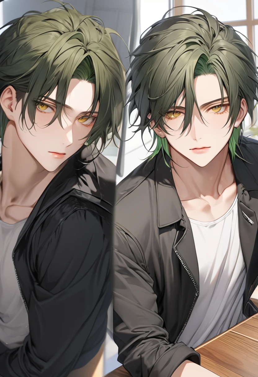 A highschool boy, handsome, perfect body, green tea hair, short hair, mullet, golden eyes, upturned eyes, expressionless, black jacket, white shirt, anime, first-person view, masterpiece, anatomically correct, high details, highres, best quality, super detail, 1080P