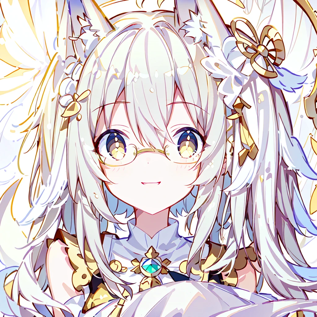 ((Best quality)), ((masterpiece)), (detailed), best quality,8K,original photo,White Fox Girl,touch fox,Castle Background, Liveliness. Carefree happy joy bokeh background. Quiet aesthetics. Soft lighting. Artistic Lighting. Gold frame glasses