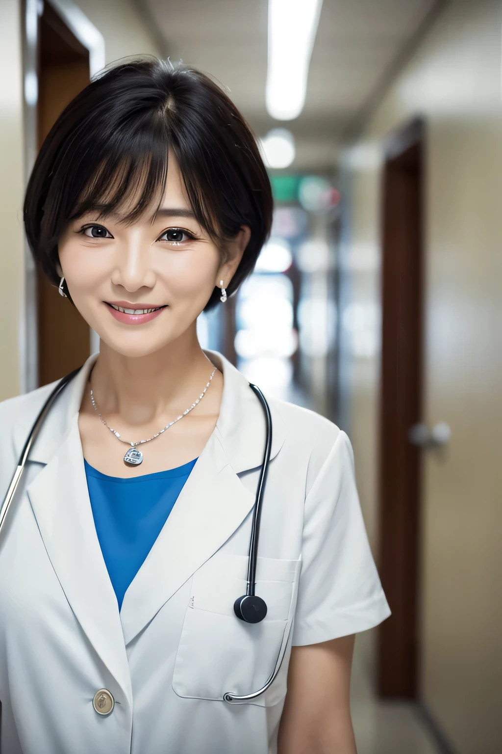 Beautiful 59year old woman、 Korean women、Black Hair、Necklace around the neck、White、Stethoscope、Short Haircut、smile、Open your mouth a little、Intricate details, Very detailed:1.2), 、 Looking into the camera,The background is the corridor of the hospital.、ear piercing