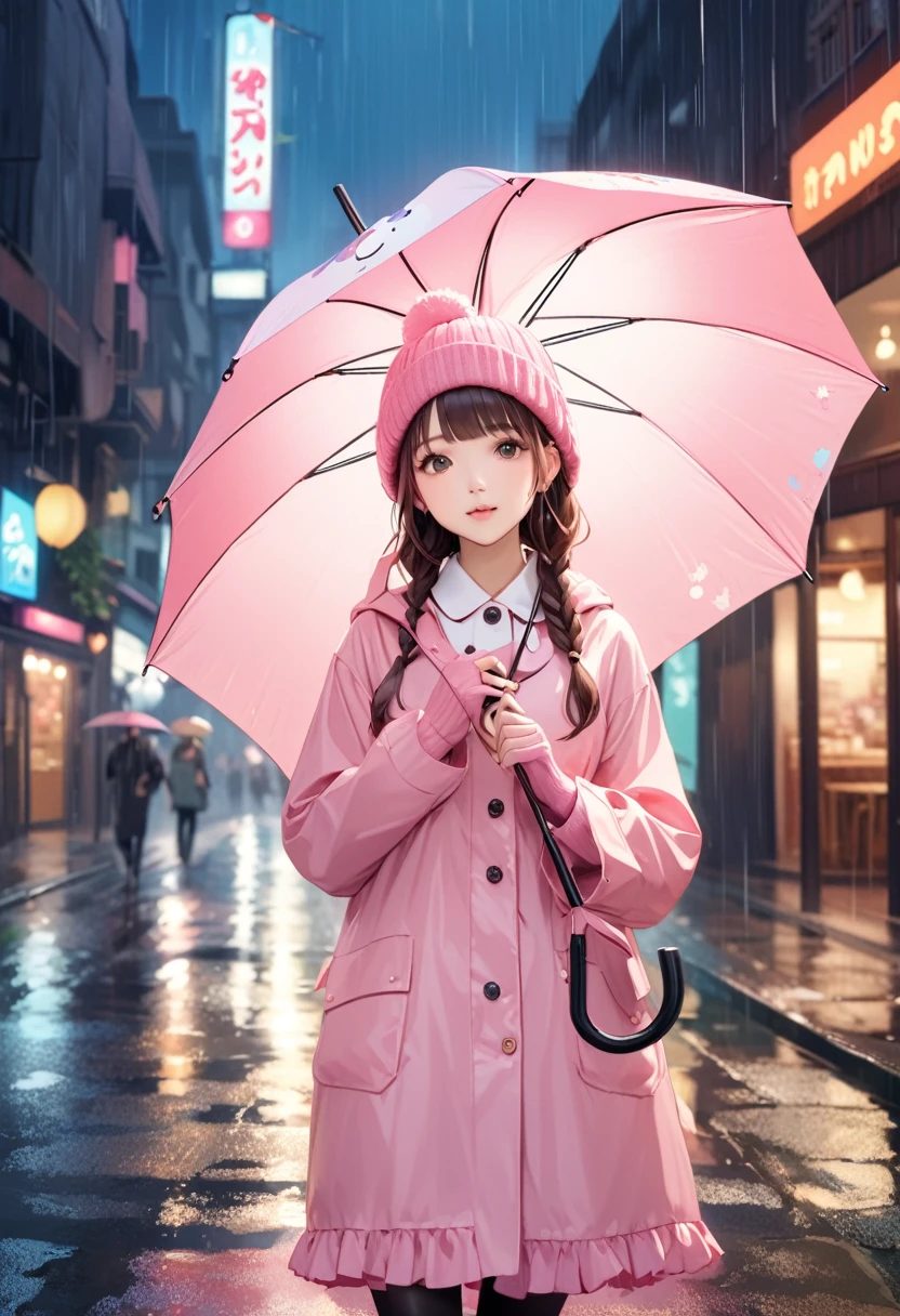 Highest quality、High resolution、Detailed Background、Beautiful face in every detail、Teenage beauty、Cute hair colour、Braided Ponytail、Braided bob cut、Cute hairstyle、well-groomed eyebrows、Cute gestures、
A girl happily waiting for someone even in the rain、
A small back holding an umbrella、I'm lonely by myself but I'm waiting、Until someone comes、
Wet ground beneath my feet、Above is the sound of rain from the sky、But I'm waiting、Without hesitation、
だって約束したhour間、もうすぐ来るはずだからI'll be waiting、I want to be no longer alone、
Dripping rain、hour々Blowing in the Wind、But I won't leave you、I'll be waiting、
Until someone comes、It's lonely being alone、When that person comes, I can smile、
Pink or pastel colored raincoats for a feminine look、The frills and ribbons are the highlights.、
Choose rain boots in the same color as your raincoat、The heart and star shaped decorations are cute.、
Bring a cute umbrella with a unicorn or character design、Mitten-style gloves that allow you to expose your fingertips are convenient for playing freely.、
Stylish decorations with ribbons and frills、A warm knit hat with pom-poms and frills for an accent、
The colorful design creates a lovely atmosphere.