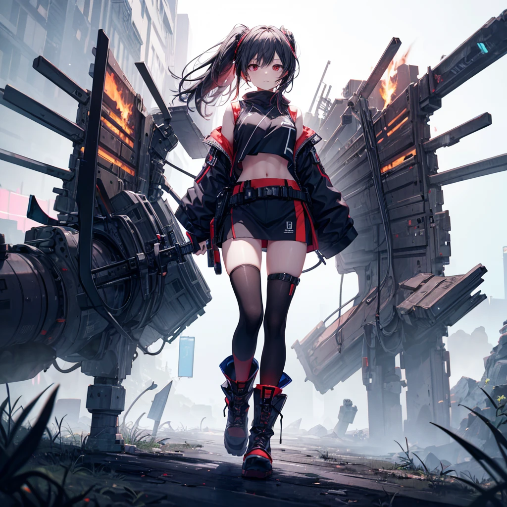 1girl、[17277fbe68]、(Tabletop, Highest quality), (Perfect athletic body:1.2), (Fine hair), Super detailed, Anime Style, whole body, Cyberpunk Ninja Girl, Japanese Hairstyles, Red eyes, Wields a giant flaming sword, Standing in the Wilderness, Wear tech boots, 8K high resolution, Trend Art Station, White Background, Standing in the Wilderness, whole body,