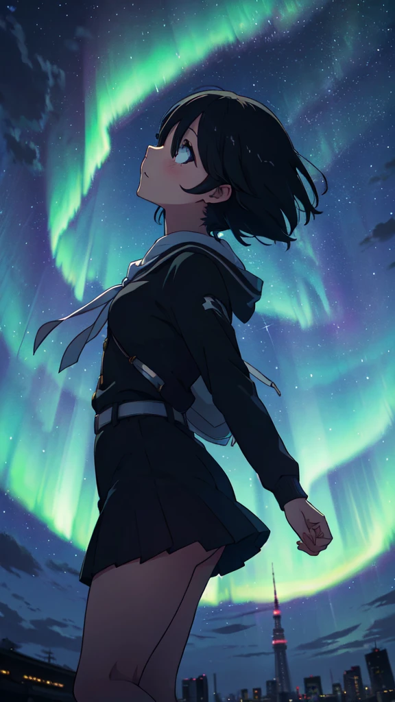 girl looking up at the comet sky, Aurora, full moon, mysterious world, divine world, anime, dynamic pose, happy expression, long black hair, Tokyo city