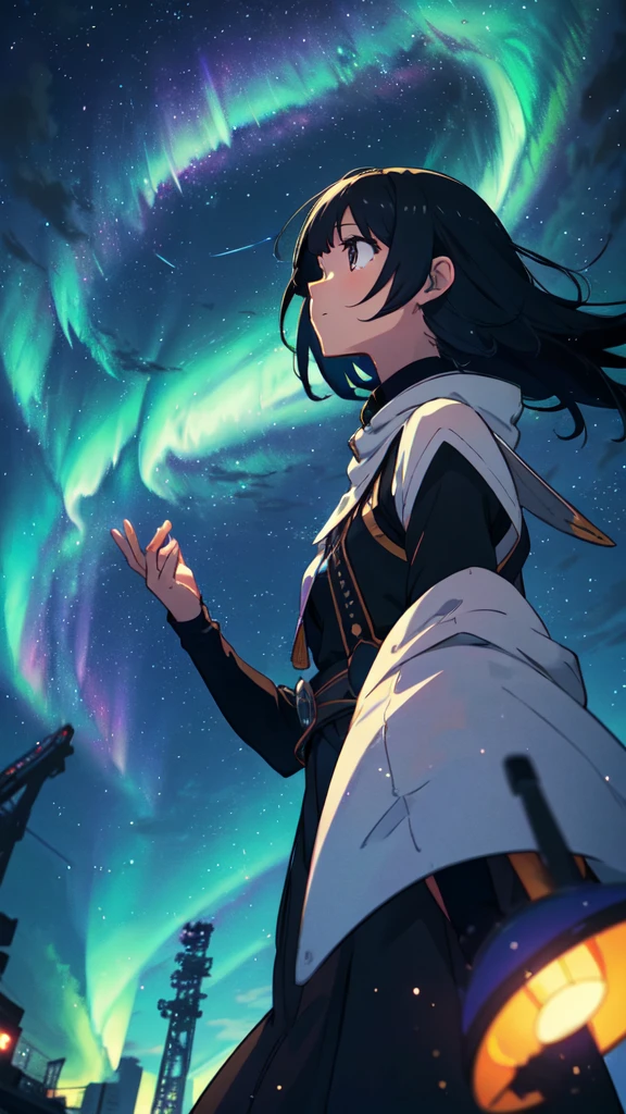  girl looking up at the comet sky, Aurora, full moon, mysterious world, divine world, anime, dynamic pose, happy expression, long black hair, Tokyo city