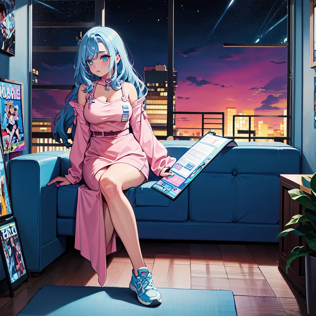 (masterpiece), Highest quality, Expressive eyes, Neon pastel aesthetics, Retro 90s, Neon color,((Girl sitting on sofa,In a cozy room,Records hanging on her wall, Comic books on the floor, Looking out the window behind her at the night city, Upholstered room, Anime figures lined up on a shelf)), Wearing headphones, (All around her it sparkles), (wearing thick colorful sneakers), (blue eyes), (Soft look), (Synthwave Art Style), Colorful Hair, Desk with PC set up