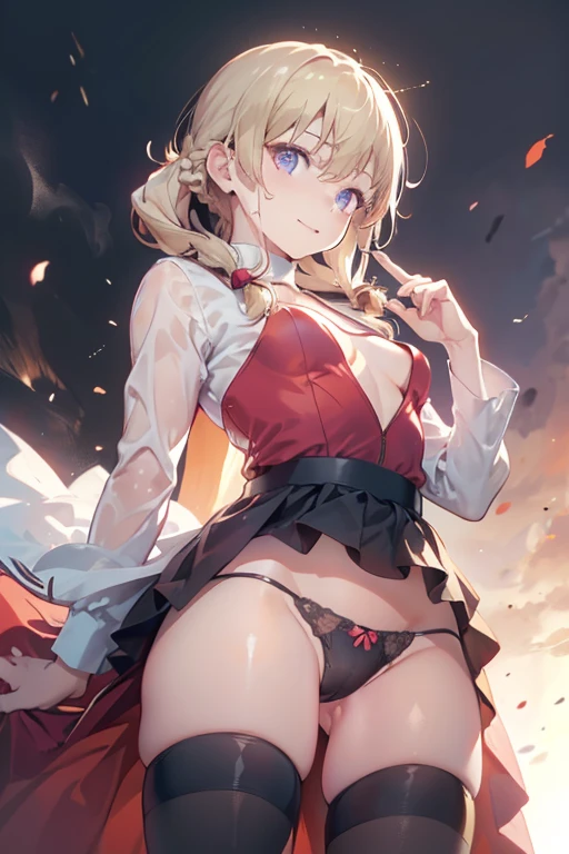 (from below:1.2),(from side:0.9), (Close-Up:0.6), highest quality、(real、photorealistic:1.4)、(RAW photo:1.2)(Curve,Model,glamor:1.5),Beautiful breasts,colour_aberration,beautiful detailed shadow,Beautiful eyes,Beautiful body,Beautiful skin,beautifull hands,(medium_breasts:1.5),1 girl in, (perky chest:1.2), (pointed chest:1.2), dark bronde hair,long hair,side ponytail,hair between eyes,bangs,Purplish brown eyes that dreamers desire, (Blonde hair) , small stature, Colossal tits, Lori, (masutepiece:1.2, Best Quality), (finely detailed beautiful eye: 1.2), (beautifull detailed face), (Best Illumination, extremely delicate and beautiful), ((Cinematic Light)), Dramatic light,Ultra Contrast、Braid a little around the ears, clavicle, red long dress、only has 5 fingers,Her pussy is visible through the see-through white thong、Wet pants、You can see inside your underwear、full of sweat、mocking look、diaper、nffsw,Arms crossed、grab the arm、Shoot from below、The angle is as seen from below.、Best Quality、Large breasts、muscular pussy:1.2、Pubic hair,high-level image quality、hightquality、8K,perfect hand、5 fingers、finger pin、Perfect Finger、T back、Naked、noise cut、bullet hand、Her hair color should have been a brighter purple.The skirt part is also carefully expressed,brown skirt、the skirt is floating in the wind、Dark purple panties、Pubic hair majority,(with sparkling eyes and a contagious smile),her thin pubic hair, looking at viewer