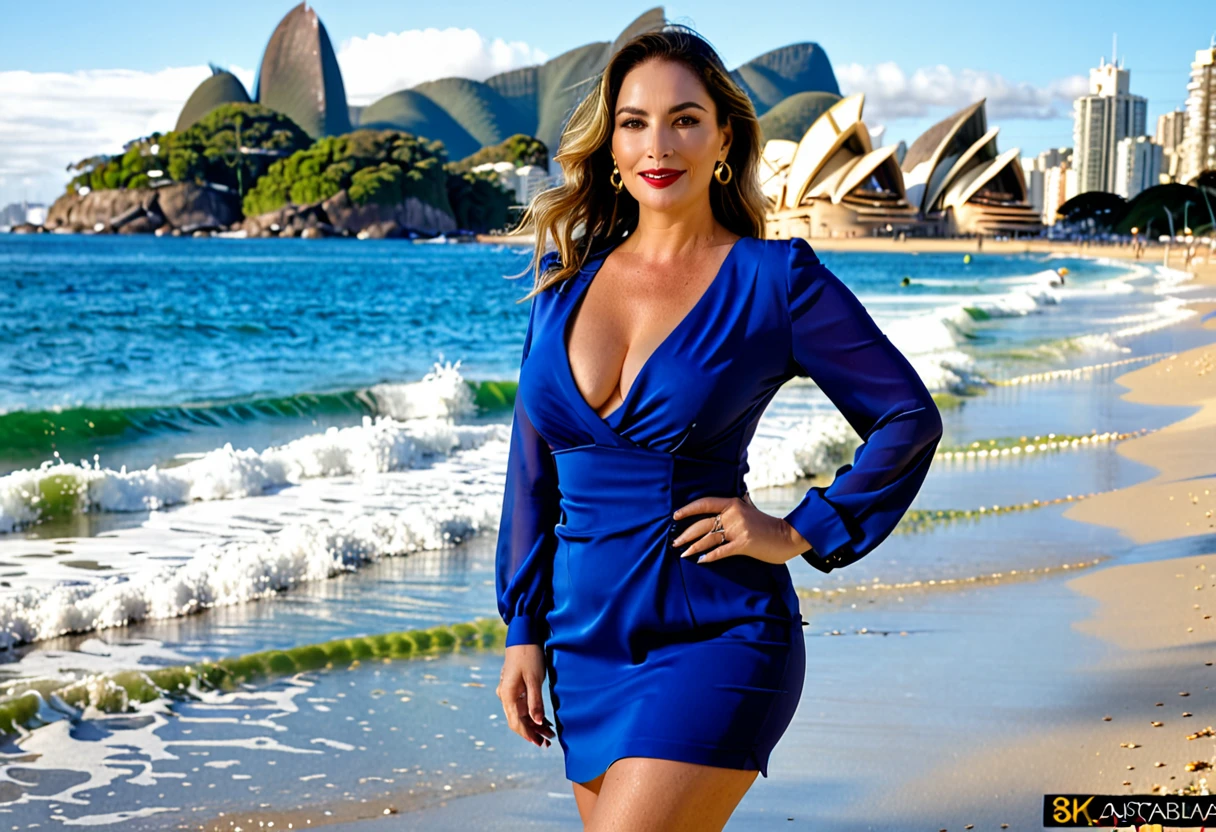 8k A stunning 38-year-old woman AUSTRALIAN beautiful SENSUAL and a body that exudes confidence, dressed in a delicate she is wearing MINI DRESS AND sensual secretary clothes that hugs her curves in all the right places, in a charming way She is in her copacabana beach