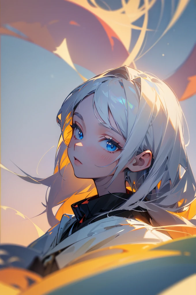 ((masterpiece:1.2, Best quality)), 4k, adult, European face, 1 person, female, Beautiful, small, dark casual wear, White skin, medium white hair, Blue eyes, portrait, sunset
