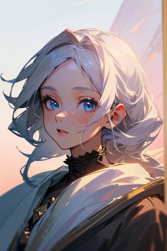 ((masterpiece:1.2, Best quality)), 4k, adult, European face, 1 person, female, Beautiful, small, dark casual wear, White skin, medium white hair, Blue eyes, portrait, sunset