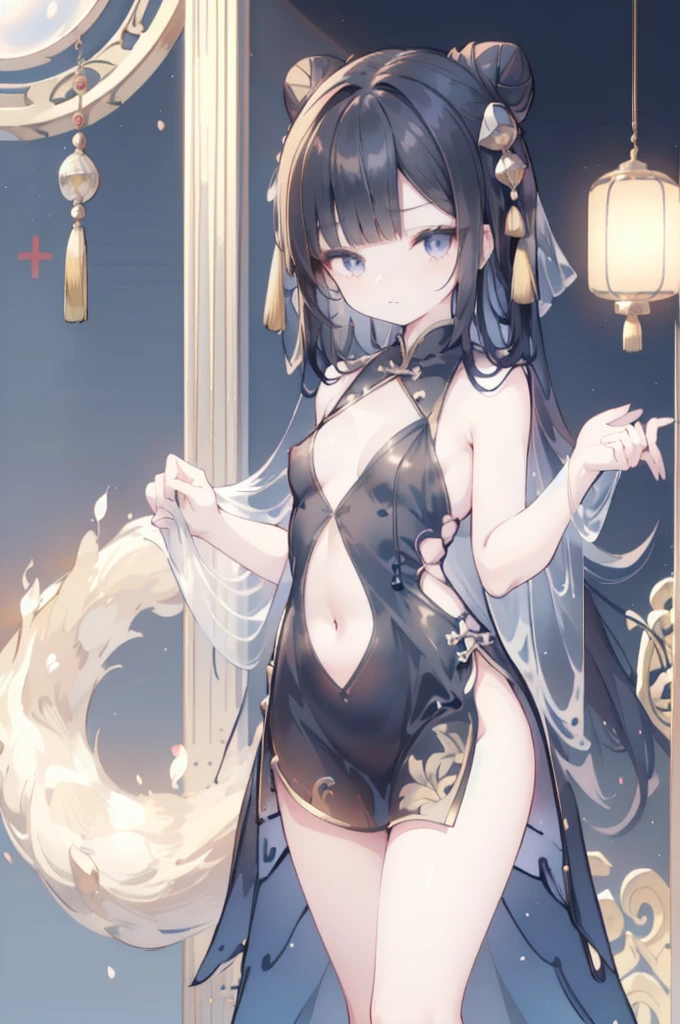 chinese bun black short hair,bun cover,_((dress lift Transparent see-through china dress)), long dress,tight mini skirt, gold decoration dress, sleeveless, ultra detailed dress,cleavage, cleavage cutout, clothing cutout,,((NSFW))　((hentai))Long black hair　((Toddler girl))　((5 years old))((Small breasts))((crop top navel))