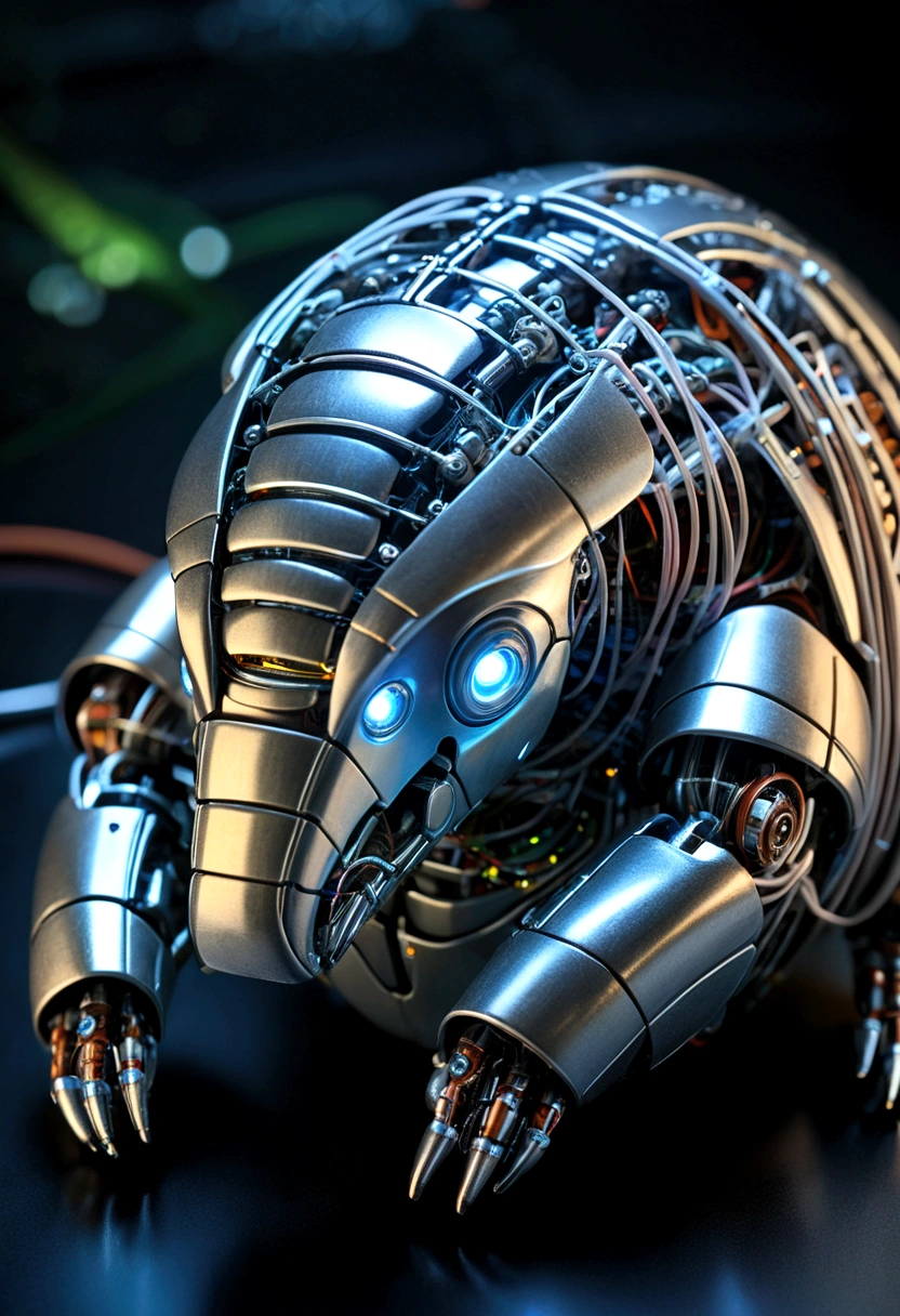 AI Armadillo Robot Placed in the center、Curled up to show off steel armor。 A partially transparent design that allows you to see the internal AI mechanism。Translucent movie stills (Cybernetic robot armadillo:1.5), (Glowing Veins:1.3) (The cable enters the body, circuit:1.3), Very detailed, Vignette, Very detailed, High budget, Bokeh, Sulky, amazing, nice, Film Grain, granular