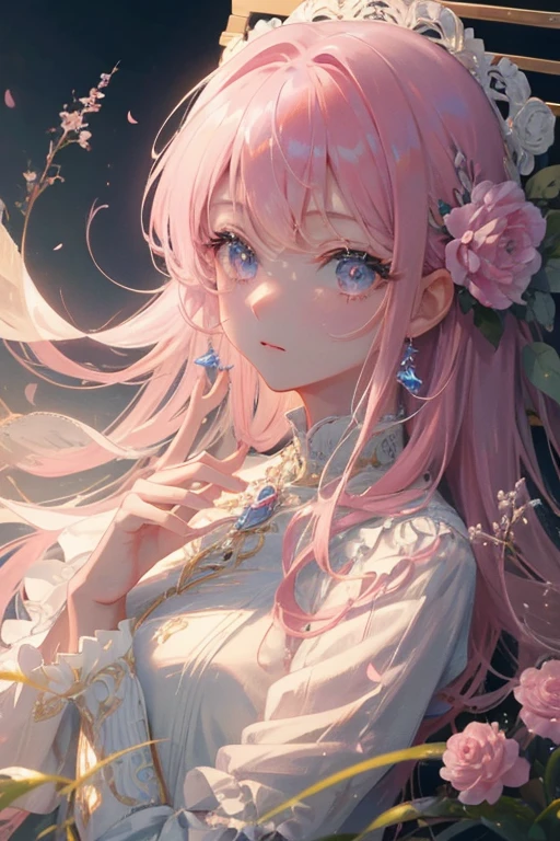 masterpiece、Highest quality、Very delicate and beautiful女の子、Very delicate and beautiful、World Masterpiece Theatre、Very detailed、Very detailed、Highest quality、Pale pink hair、High resolution、Very detailed、One Girl、Highest quality、shape、Show Viewer、material、canvas、Oil painting、Genuine、Genuine、Genuine、Long eyelashes、Beautiful and shining eyes、Pure Feelings、Pink Flower