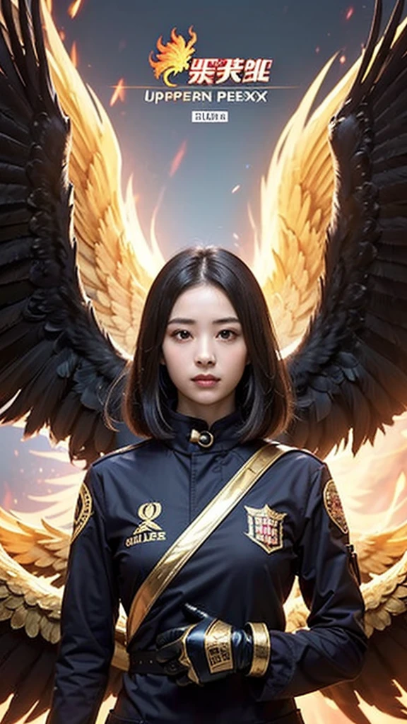 (Upper Body:1.3), One girl,Hornick Keeper, Fireproof suit with golden phoenix emblem, Obsidian grille fire enclosure, Phoenix nest with glittering golden wings, Talon gloves for wielding the Phoenix, Fire Ruby to Feed the Phoenix,