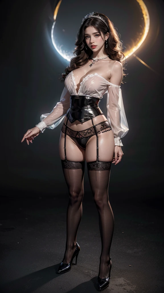 (Woman standing in New York city at night),(masterpiece, highest quality, Realistically, work, Very detailed, 8k), ((Wide-angle lens, Full body woman love)), 1 girl,light makeup,exquisite features,smile,exquisite crystal jewelry,Heart-shaped necklace,Crystal Headband,Light brown hair, Pompadour hairstyle, curl,Correct finger structure,(Translucent black blouse)、(Black tight skirt)、Leather shoes,slim、Long legs,Frontal standing posture ,Full body portrait,skyscrapers are hazy、(The wind blows up my skirt)、(Black garters and garter belts、stockings)