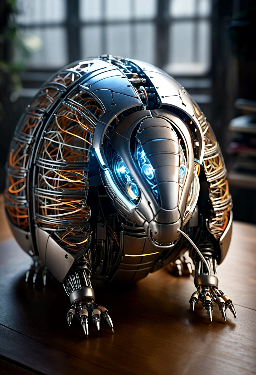 AI Armadillo Robot Placed in the center、Curled up to show off steel armor。 A partially transparent design that allows you to see the internal AI mechanism。Translucent movie stills (Cybernetic robot armadillo:1.5), (Glowing Veins:1.3) (The cable enters the body, circuit:1.3), Very detailed, Vignette, Very detailed, High budget, Bokeh, Sulky, amazing, nice, Film Grain, granular