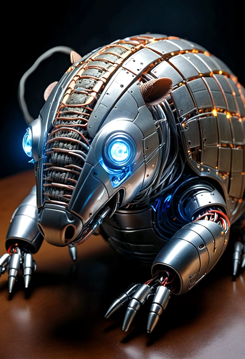 AI Armadillo Robot Placed in the center、Curled up to show off steel armor。 A partially transparent design that allows you to see the internal AI mechanism。Translucent movie stills (Cybernetic robot armadillo:1.5), (Glowing Veins:1.3) (The cable enters the body, circuit:1.3), Very detailed, Vignette, Very detailed, High budget, Bokeh, Sulky, amazing, nice, Film Grain, granular