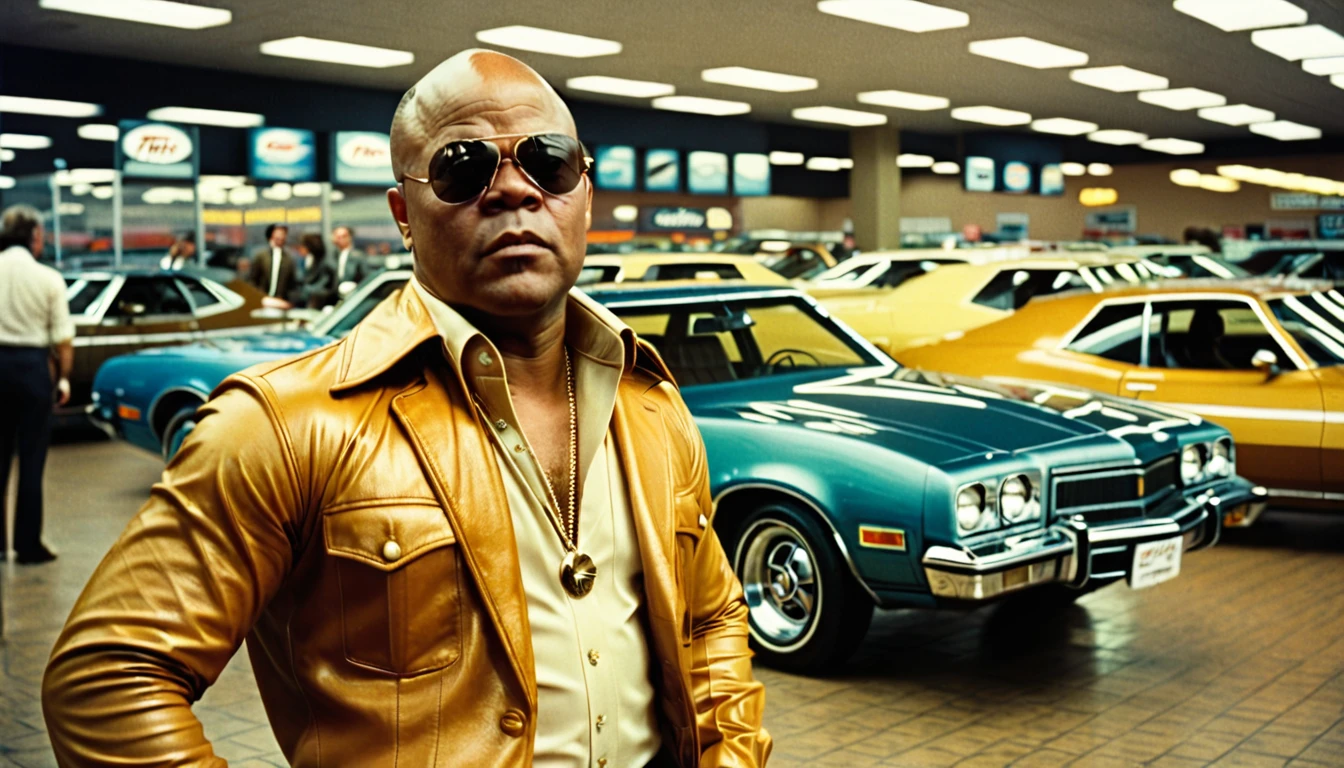 1970s photo of "Too Short" wearing 1970s attire, he is at a car dealership, cinematic action, atmospheric perspective, textured skin, super detail,