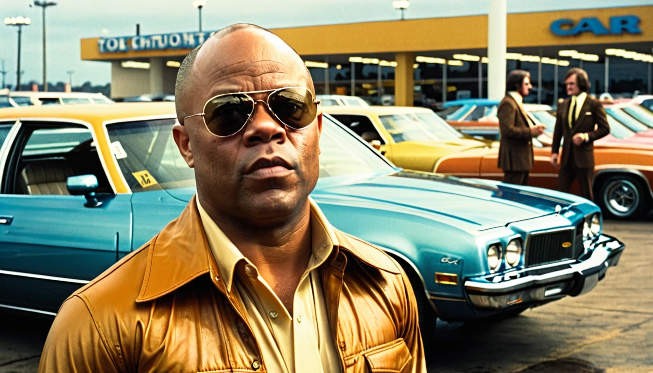 1970s photo of "Too Short" wearing 1970s attire, he is at a car dealership, cinematic action, atmospheric perspective, textured skin, super detail,