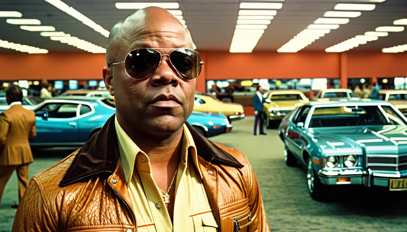 1970s photo of "Too Short" wearing 1970s attire, he is at a car dealership, cinematic action, atmospheric perspective, textured skin, super detail, 