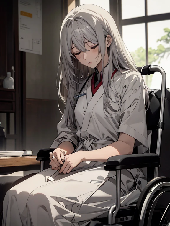 (Confused, High resolution, Very detailed), 1 female, Silver Hair,Long Hair,,White patient gown,,Appearance of injury,24th generation,beauty,mature,thin,quiet,Calm,Sitting in a medical wheelchair,右腕にbandageをしている,hospital,Injured,bandage,tired,fatigue,fatigue困憊,Infusion,車いすの背凭れに後頭部を預けてSleeping,Sleeping,Sitting