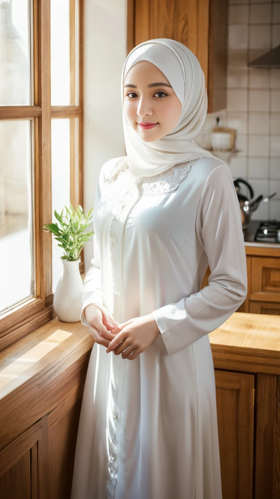 Woman in white hijab, abaya dress, standing in the kitchen, facing to viewer, feminine pose, serene expression, detailed face, detailed clothes, detailed background, warm ambience, bright lighting, natural lighting, 4k, high quality, high resolution, masterpiece