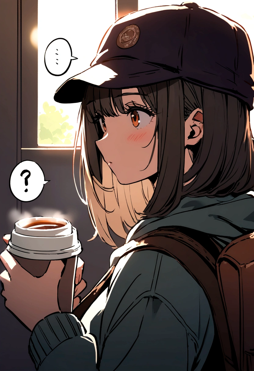 Girl in sweatshirt, Cap and backpack, Buy coffee in the cafeteria, Conversation bubbles